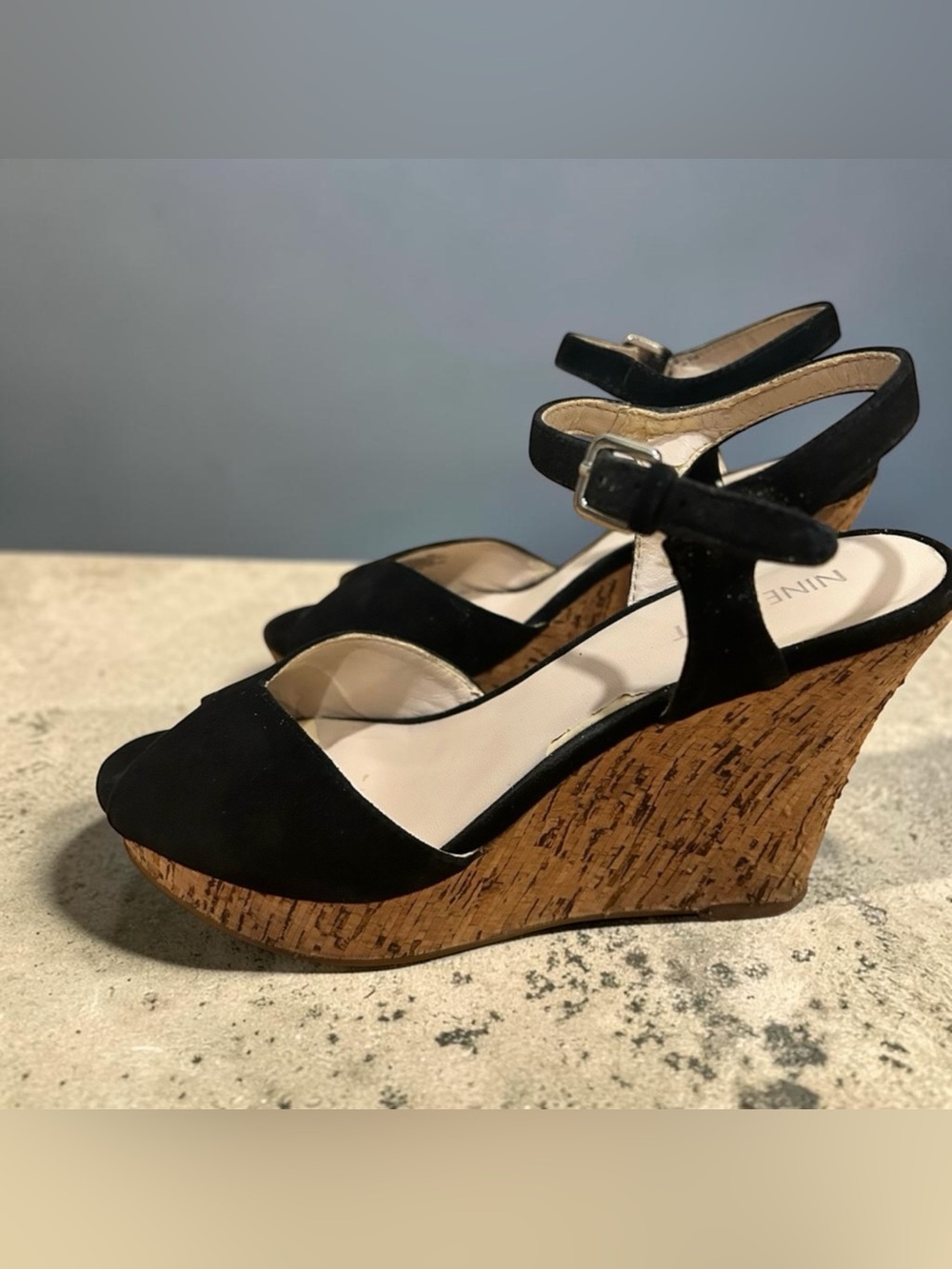 Nine West Black Suede Peep-Toe Ankle-Strap Heels. Size 6